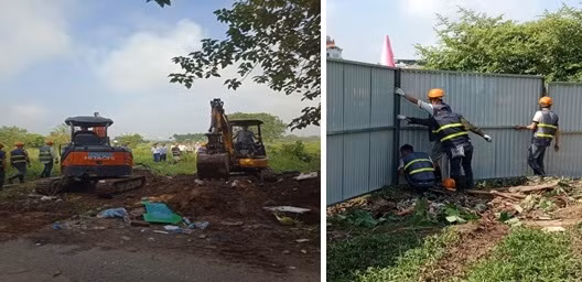 Lực lượng chức năng bắt tay rào chắn mặt bằng để phục vụ công tác thi công trong thời gian tới