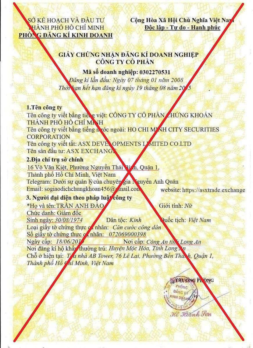 Hình ảnh giả mạo sử dụng tên tuổi lãnh đạo và định danh thông tin của HOSE