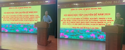 Đồng chí Đào Tiến Dũng và Thượng tá Lê Văn Thắng phát biểu tại hội nghị chuyên đề “Học tập và làm theo tư tưởng, đạo đức phong cách Hồ Chí Minh” và quán triệt nội dung các bài viết của Tổng Bí thư Nguyễn Phú Trọng