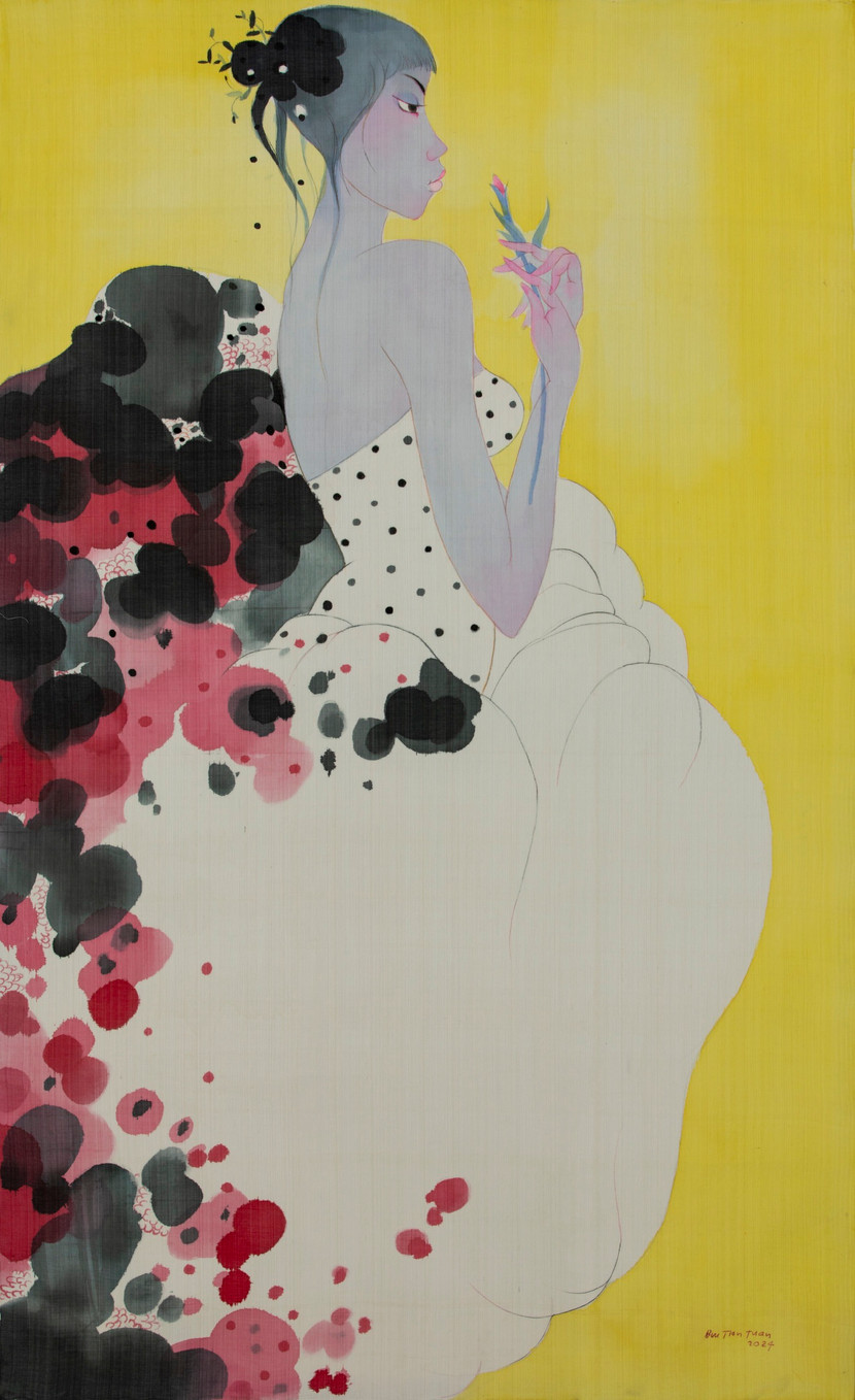 Tác phẩm "Tuổi mộng mơ" - tranh lụa trưng bày tại triển lãm