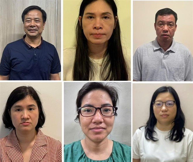 Từ trái qua phải, các bị can: Nghiêm Quốc Hưng, Phạm Thị Hạnh, Nguyễn Đình Thám, Đặng Thị Phương, Trần Hồng Hạnh, Nguyễn Thị Cẩm Anh (ảnh cơ quan Công an cung cấp)