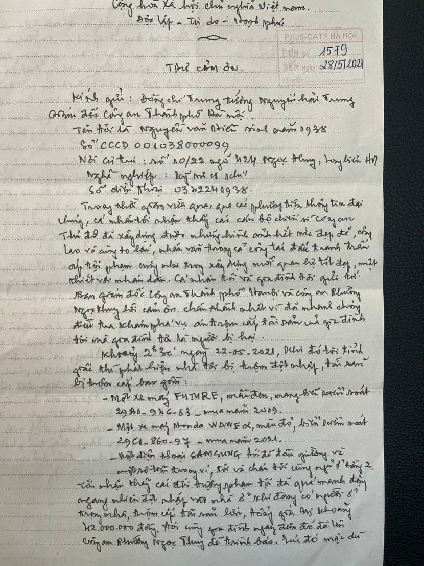 Lá thư cảm ơn gửi đến đồng chí Giám đốc CATP Hà Nội Lá thư cảm ơn gửi đến đồng chí Giám đốc CATP Hà Nội