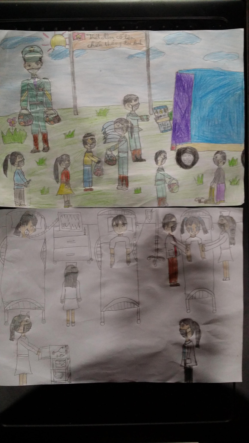 Ảnh các y, bác sĩ, công an, bộ đội, tình nguyện viên ở tuyến đầu chống dịch do cháu Trịnh Nhã Khanh vẽ khiến nhiều người xúc động