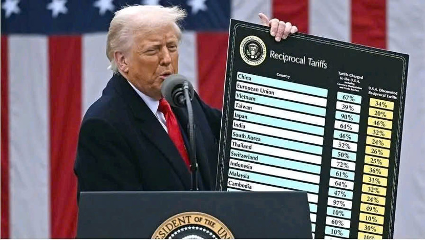 Tổng thống Donald Trump giơ bảng có các mục thuế với các nền kinh tế thế giới ngay sau khi ký Tổng thống Donald Trump giơ bảng có các mục thuế với các nền kinh tế thế giới ngay sau khi ký