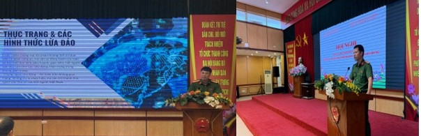 Các Báo cáo viên trình bày nội dung về "Phòng ngừa tội phạm lừa đảo trên khôn gian mạng" và "Nâng cao kỹ năng PCCC và CNCH trong trường học"