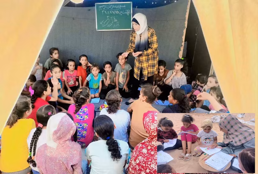 Cô giáo Asma Mustafa với trẻ em ở trại tị nạn Nuseirat, Gaza