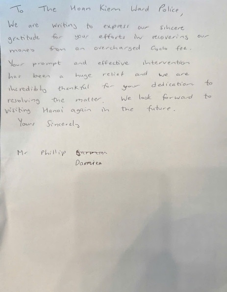 Du khách nước ngoài viết thư cảm ơn Công an Hà Nội ảnh 2 Du khách nước ngoài viết thư cảm ơn Công an Hà Nội ảnh 2