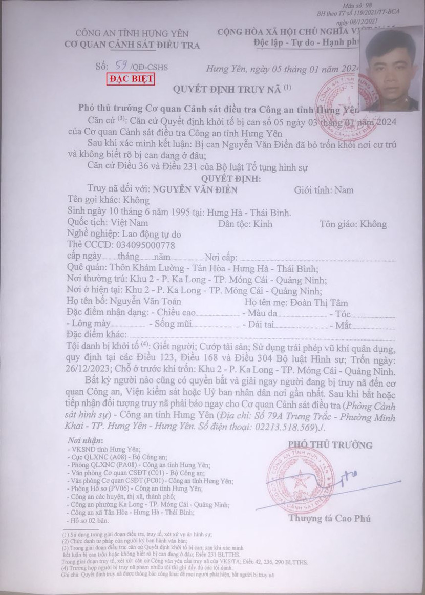 Quyết định truy nã đặc biệt đối tượng Điển Quyết định truy nã đặc biệt đối tượng Điển
