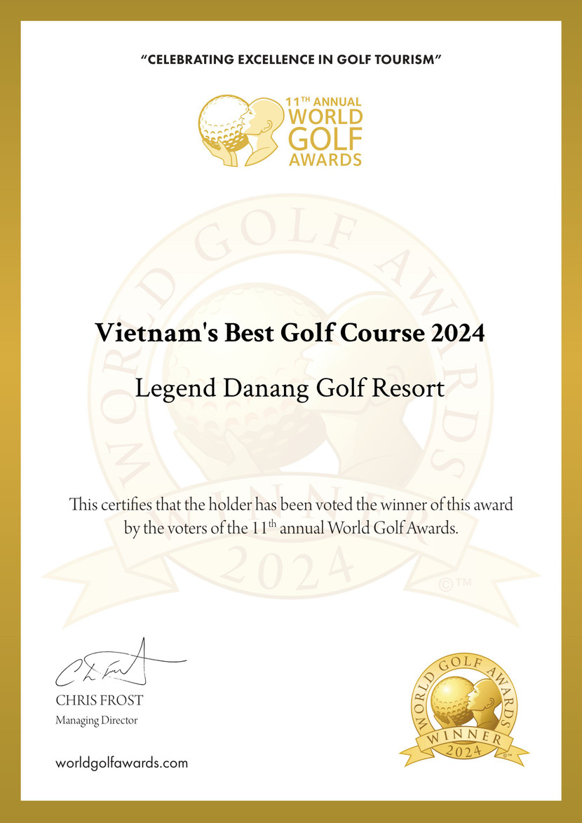 Chứng nhận giải thưởng sân golf tốt nhất Việt Nam 2024 World Golf Awards dành cho Legend Danang Golf Resort Chứng nhận giải thưởng sân golf tốt nhất Việt Nam 2024 World Golf Awards dành cho Legend Danang Golf Resort