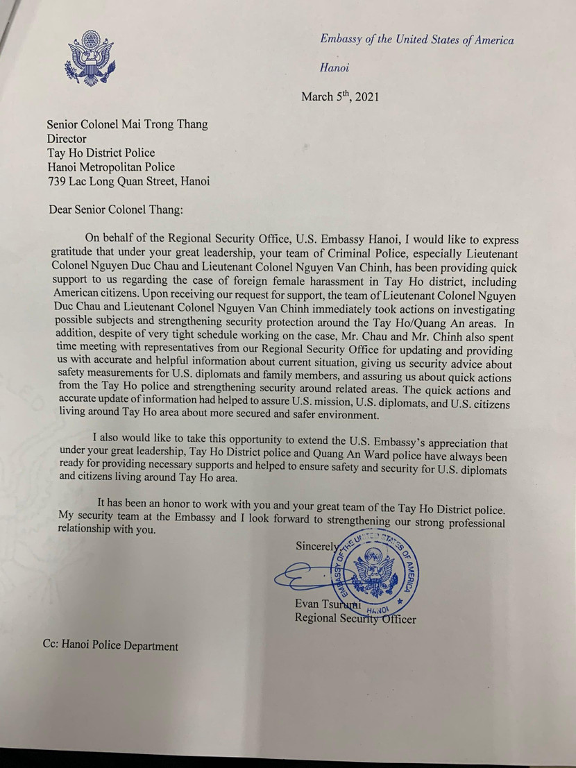 Thư cảm ơn của ngài Evan Tsurumi - Tùy viên an ninh Đại sứ quán Hoa kỳ tại Hà Nội