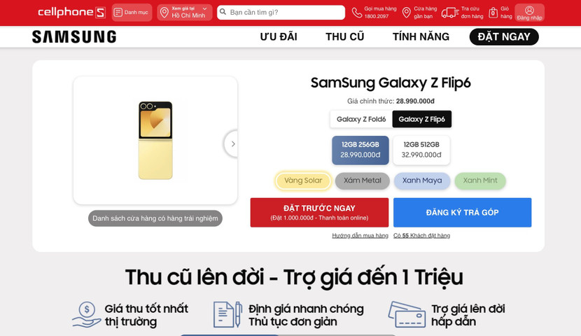 Galaxy Z Flip 6 giá từ 28.99 triệu, đang mở đặt trước tại CellphoneS nhiều ưu đãi