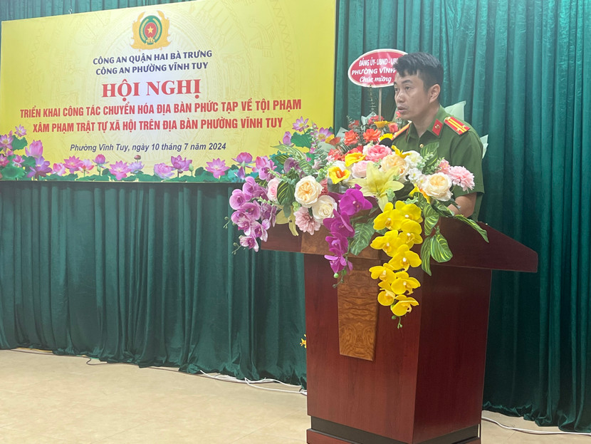 Trung tá Đặng Trường Thành – Trưởng CAP Vĩnh Tuy phát biểu tại hội nghị