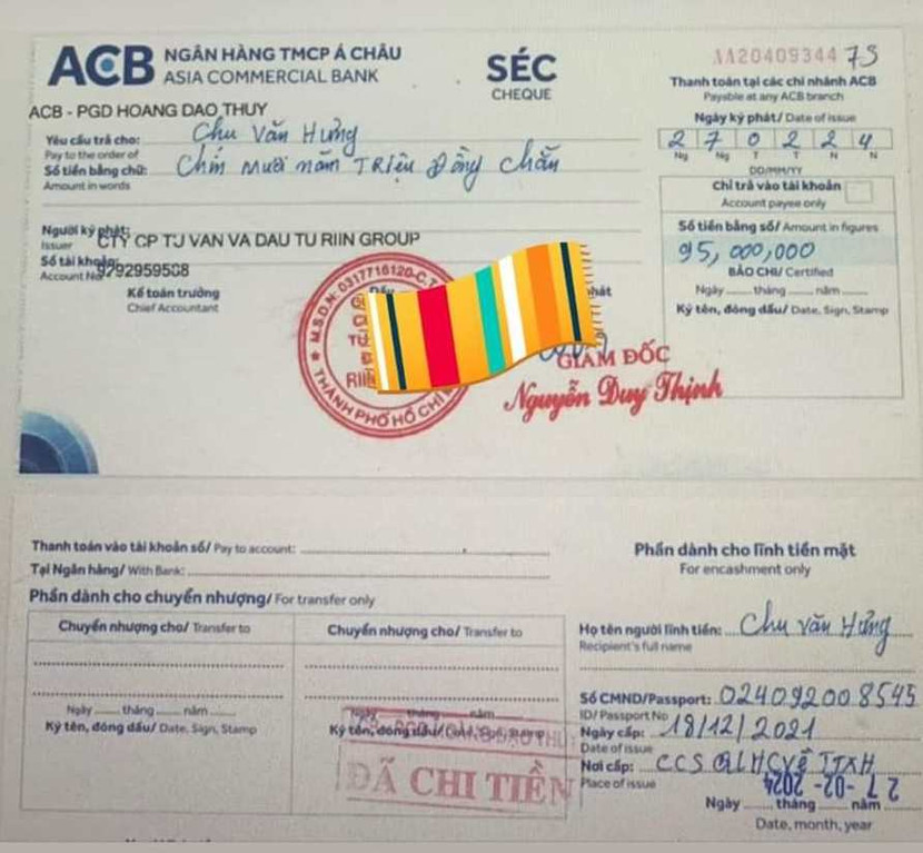 Tấm séc rút tiền mà Riin Group cho rằng là giả mạo Tấm séc rút tiền mà Riin Group cho rằng là giả mạo