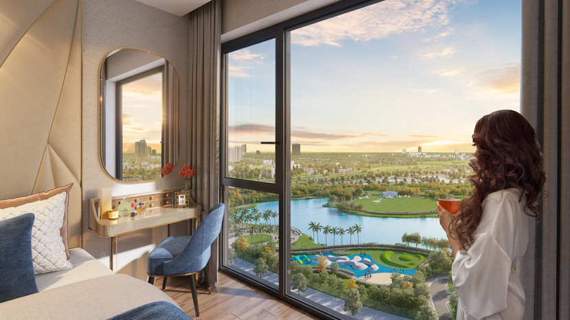 Thiết kế phòng ngủ The Matrix One hiện đại với kính Low-e chạm sàn giúp tối ưu không gian sống