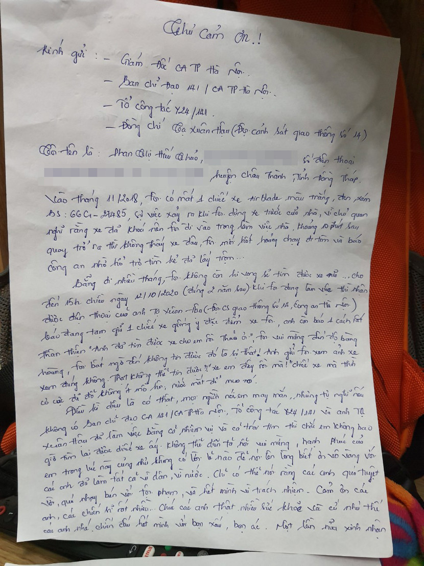 Lá thư cảm ơn của nữ chủ xe AirBlade gửi tổ công tác Y24/141 Lá thư cảm ơn của nữ chủ xe AirBlade gửi tổ công tác Y24/141