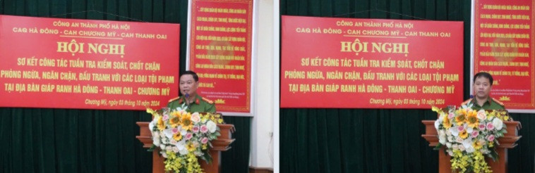 Các đồng chí chỉ huy Công an huyện Thanh Oai và Chương Mỹ phát biểu tại hội nghị