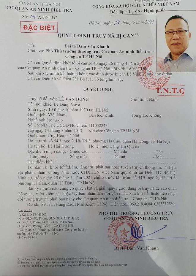 Quyết định Truy nã đặc biệt đối với Lê Văn Dũng (Lê Dũng Vova)