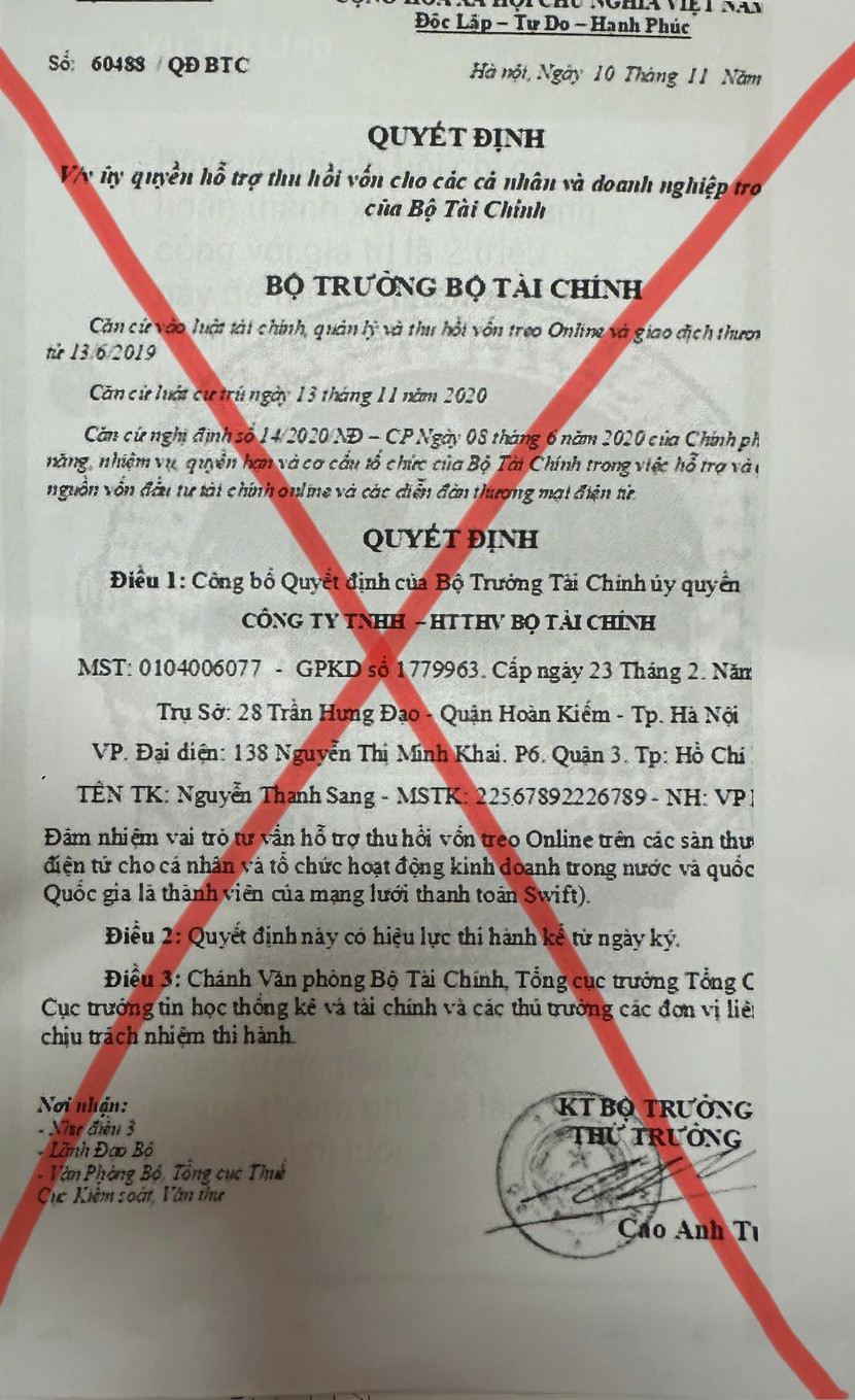 Văn bản giả mạo chữ ký, con dấu của Lãnh đạo Bộ Tài chính