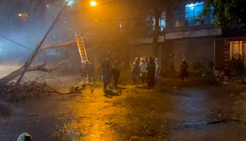 20h35 phút, lực lượng CAH Thanh Trì triển khai xử lý sự cố cây xanh và cột điện đổ đè choán đường