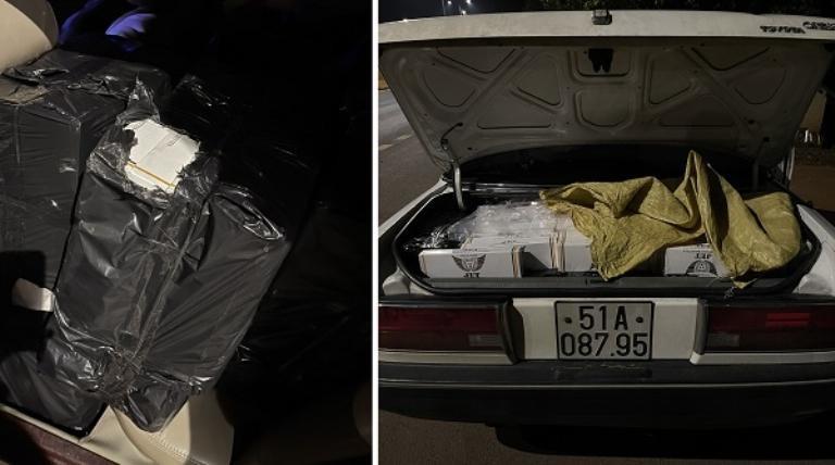 Hàng nghìn gói thuốc lá lậu được nhét trong xe ô tô bị CSGT phát hiện thu giữ