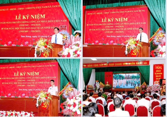 Các đồng chí lãnh đạo và chỉ huy Công an xã Tam Hưng phát biểu tại chương trình