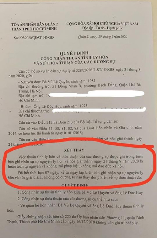 Quyết định ly hôn của toà án cũng được Lệ Quyên chia sẻ