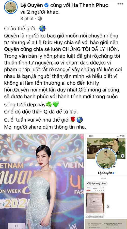 Lệ Quyên chia sẻ trên trang cá nhân
