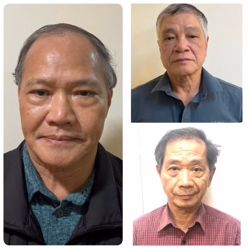 Bị can Hoàng Văn Thắng, nguyên Thứ trưởng Bộ NN&PTNT (trái) cùng 02 bị can Trần Tố Nghị và Trần Văn Lăng (áo đỏ).