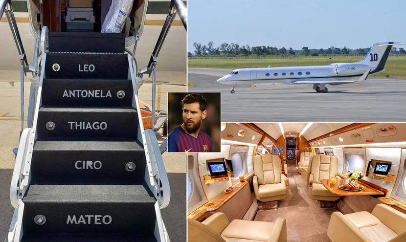 2. Lionel Messi. Messi đang thi đấu ở Mỹ cho Inter Miami và chiếc chuyên cơ riêng Gulfstream V thật sự là bạn đồng hành hữu ích của anh cùng gia đình. Chiếc máy bay này được Messi mua năm 2018 với giá 15 triệu USD. Nó được thiết kế đặc biệt với 16 ghế có thể chuyển đổi thành 8 giường ngủ cùng các tiện nghi cao cấp. Cầu thang của máy bay được in tên anh, vợ Antonella cùng 3 người con Thiago, Mateo và Ciro.