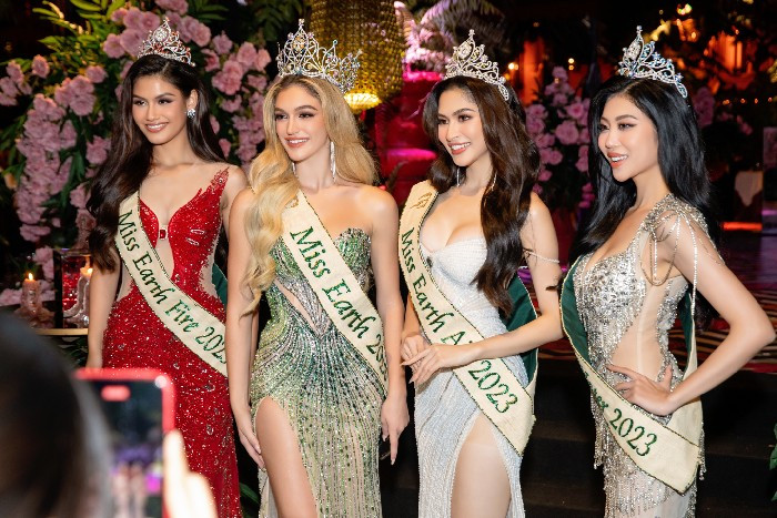 Top 4 Miss Earth 2023 cũng trở thành tâm điểm khi xuất hiện tại buổi tiệc với nhan sắc xinh đẹp như thiên thần cùng vương miện lộng lẫy của thương hiệu Long Beach Pearl