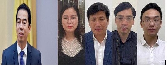 Từ trái qua, các bị can: Tô Anh Dũng, Nguyễn Thị Hương Lan, Đỗ Hoàng Tùng, Lê Tuấn Anh, Lưu Tuấn Dũng