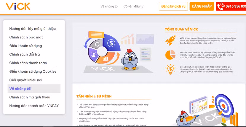 Thông tin giới thiệu trên website của VICK