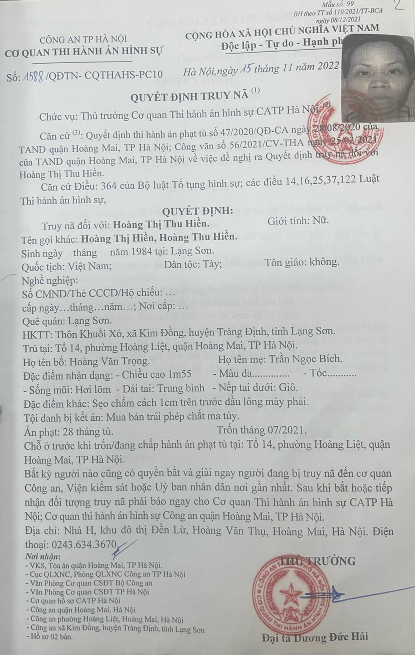 Quyết định truy nã Hoàng Thị Thu Hiền