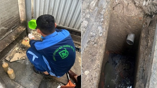 Nhân viên công ty quan trắc lấy mẫu nước tại đường thoát nước thải của nhà hàng lẩu cua sông “Hà Linh