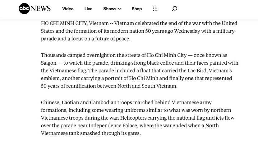 Trang web của kênh ABC News của Australia đăng bài về lễ kỷ niệm 50 năm ngày Giải phóng miền Nam, thống nhất đất nước Việt Nam. Ảnh chụp màn hình
