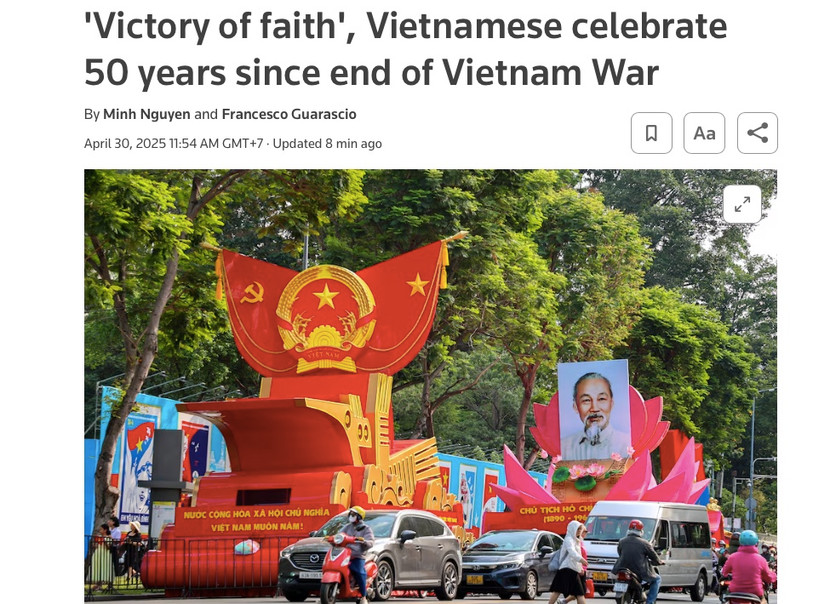 Tiêu đề bài viết về lễ kỷ niệm Lễ kỷ niệm 50 năm Ngày giải phóng miền Nam của hãng tin Reuters ngày 30/4/2025. Ảnh chụp màn hình