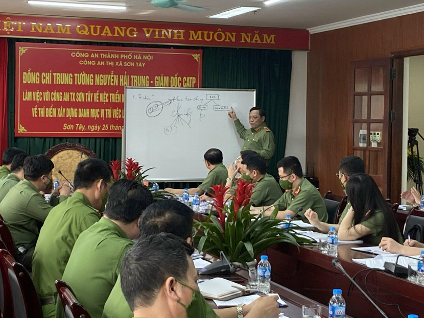Trung tướng Nguyễn Hải Trung - Bí thư Đảng ủy, Giám đốc CATP Hà Nội làm việc với Công an thị xã Sơn Tây, ngày 25-3-2022 về thí điểm xây dựng danh mục vị trí việc làm, định mức biên chế