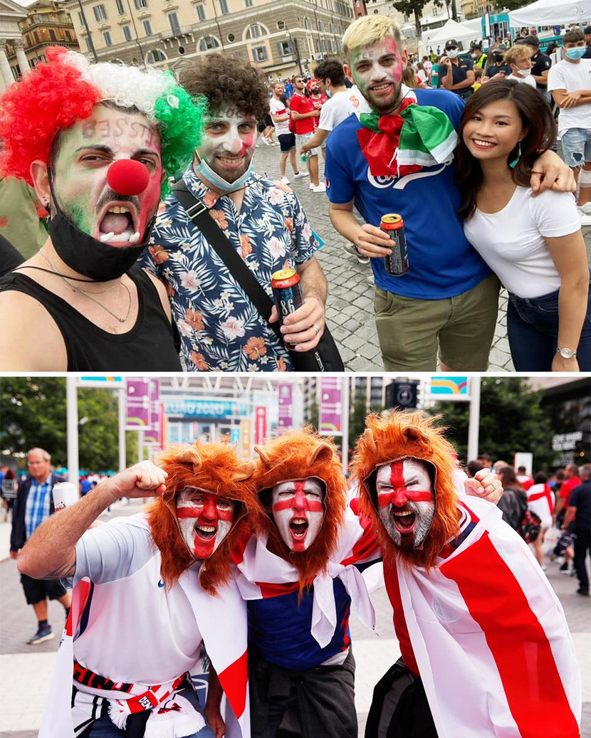 Cổ động viên Ý và Anh trước trận chung kết EURO 2020