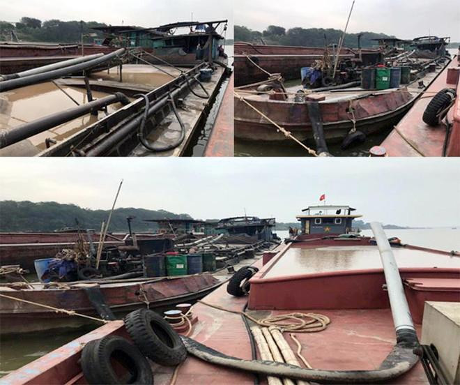 Những chiếc tàu được các đối tượng vận hành khai thác cát trái phép trên sông Hồng, bị lực lượng trinh sát Phòng Cảnh sát phòng chống tội phạm về môi trường CATP Hà Nội phát hiện, bắt quả tang