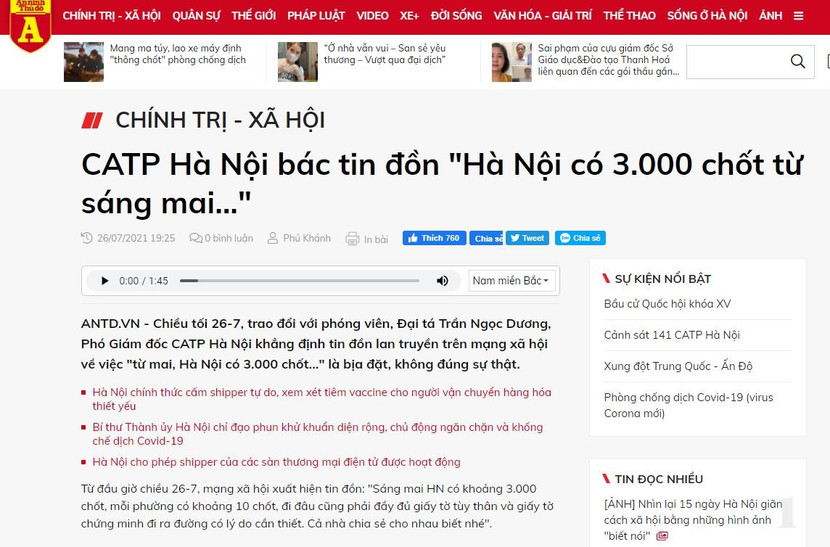 An ninh Thủ đô là cơ quan báo chí thường xuyên phản bác các tin xấu độc, sai sự thật liên quan đến dịch bệnh trên mạng xã hội An ninh Thủ đô là cơ quan báo chí thường xuyên phản bác các tin xấu độc, sai sự thật liên quan đến dịch bệnh trên mạng xã hội
