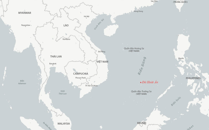 Vị trí đá Hoài Ân thuộc quần đảo Trường Sa của Việt Nam. Đồ họa: CSIS Vị trí đá Hoài Ân thuộc quần đảo Trường Sa của Việt Nam. Đồ họa: CSIS