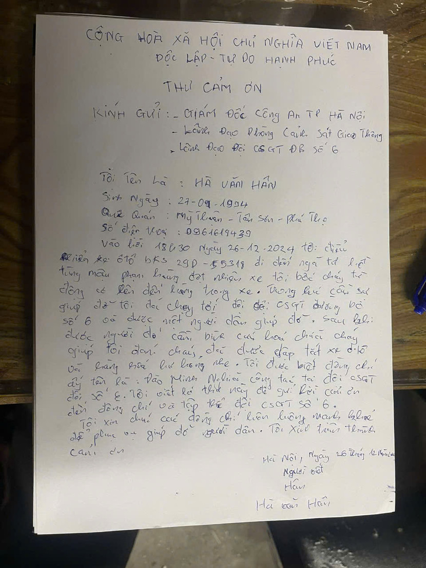 Người lái xe viết thư cảm ơn CBCS đội CSGT số 6 và cá nhân đồng chí Đào Minh Nghĩa Người lái xe viết thư cảm ơn CBCS đội CSGT số 6 và cá nhân đồng chí Đào Minh Nghĩa