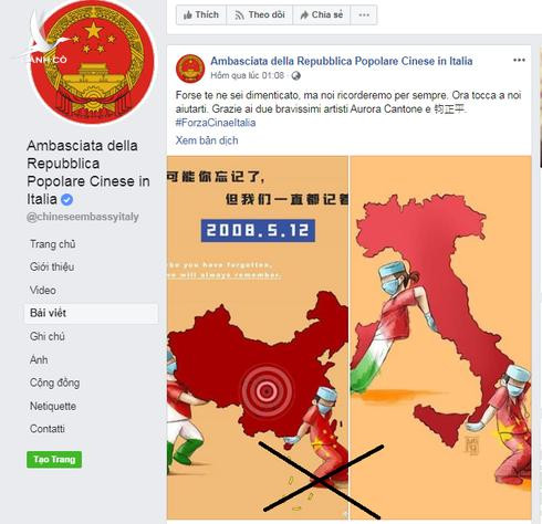 Hình ảnh đường lưỡi bò - chỗ gạch chéo - trên trang Facebook của Đại sứ quán Trung Quốc tại Italy