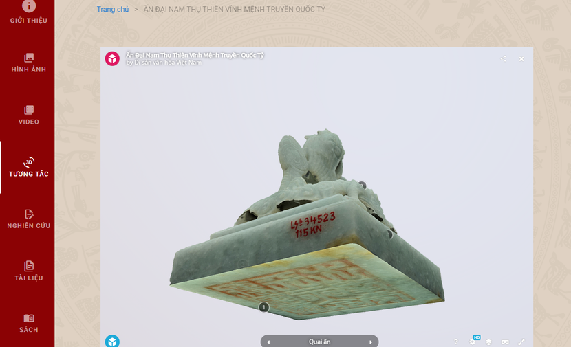 Hình ảnh ấn “Đại Nam thụ thiên vĩnh mệnh truyền quốc tỷ” - bảo vật quốc gia được Bảo tàng Lịch sử quốc gia số hóa 3D