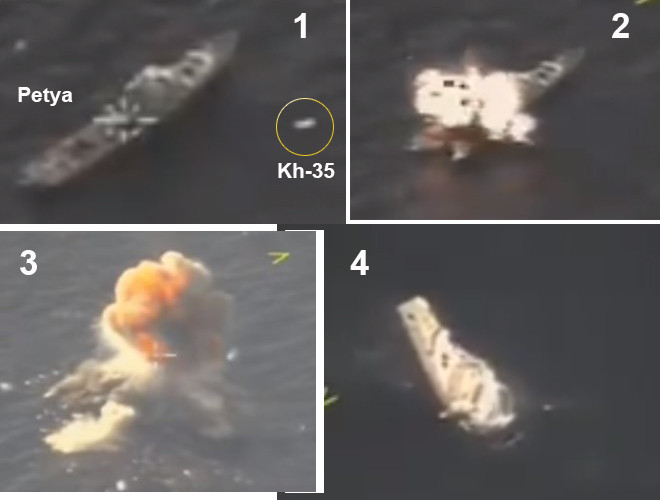 Hình ảnh chiến hạm săn ngầm bị tên lửa Kh-35 bắn từ máy bay tiêu diệt