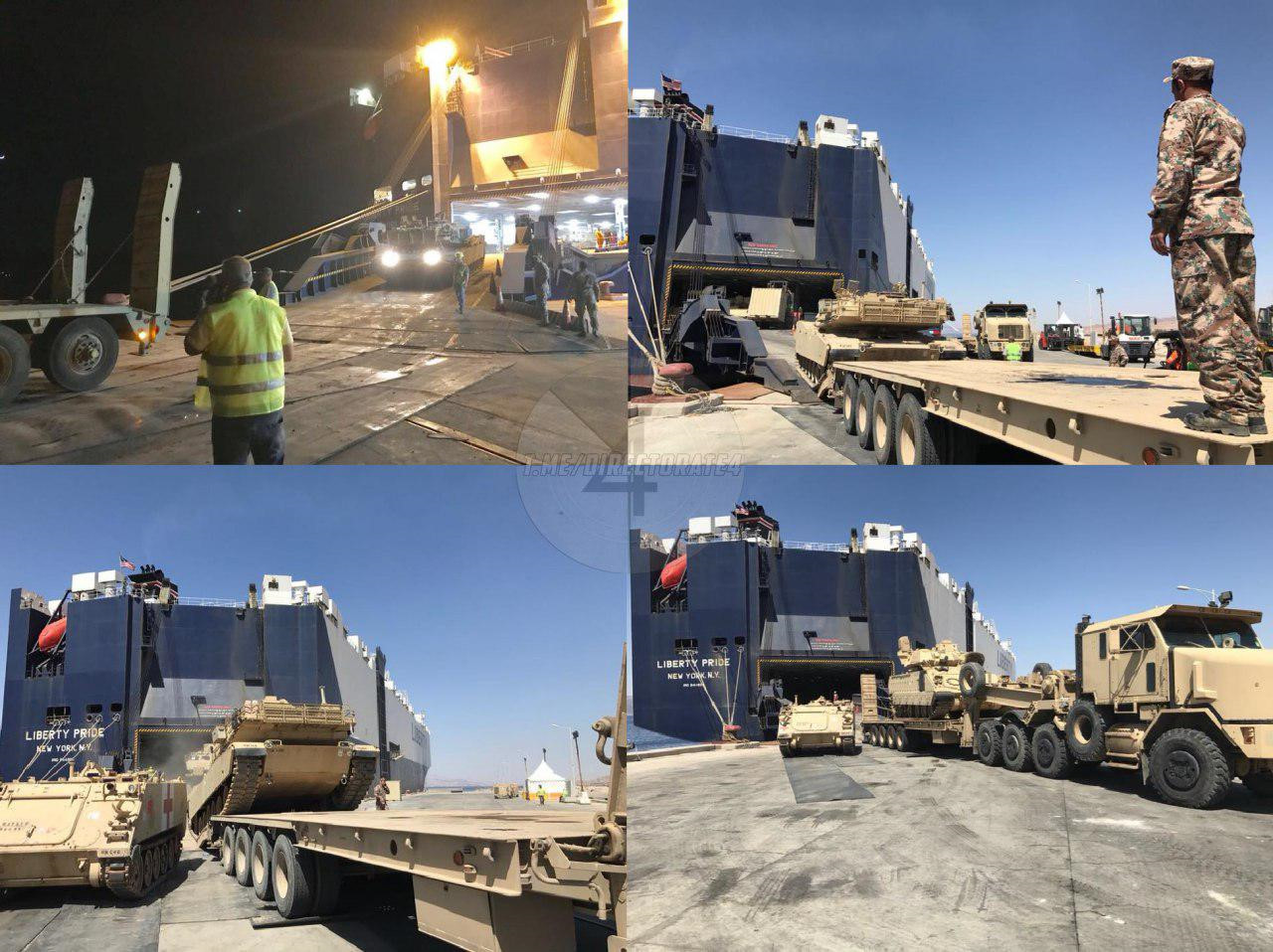 Xe tăng, xe thiết giáp cùng nhiều khí tài khác đã được Mỹ chuyển tới Jordan, sát biên giới Syria. Xe tăng, xe thiết giáp cùng nhiều khí tài khác đã được Mỹ chuyển tới Jordan, sát biên giới Syria.