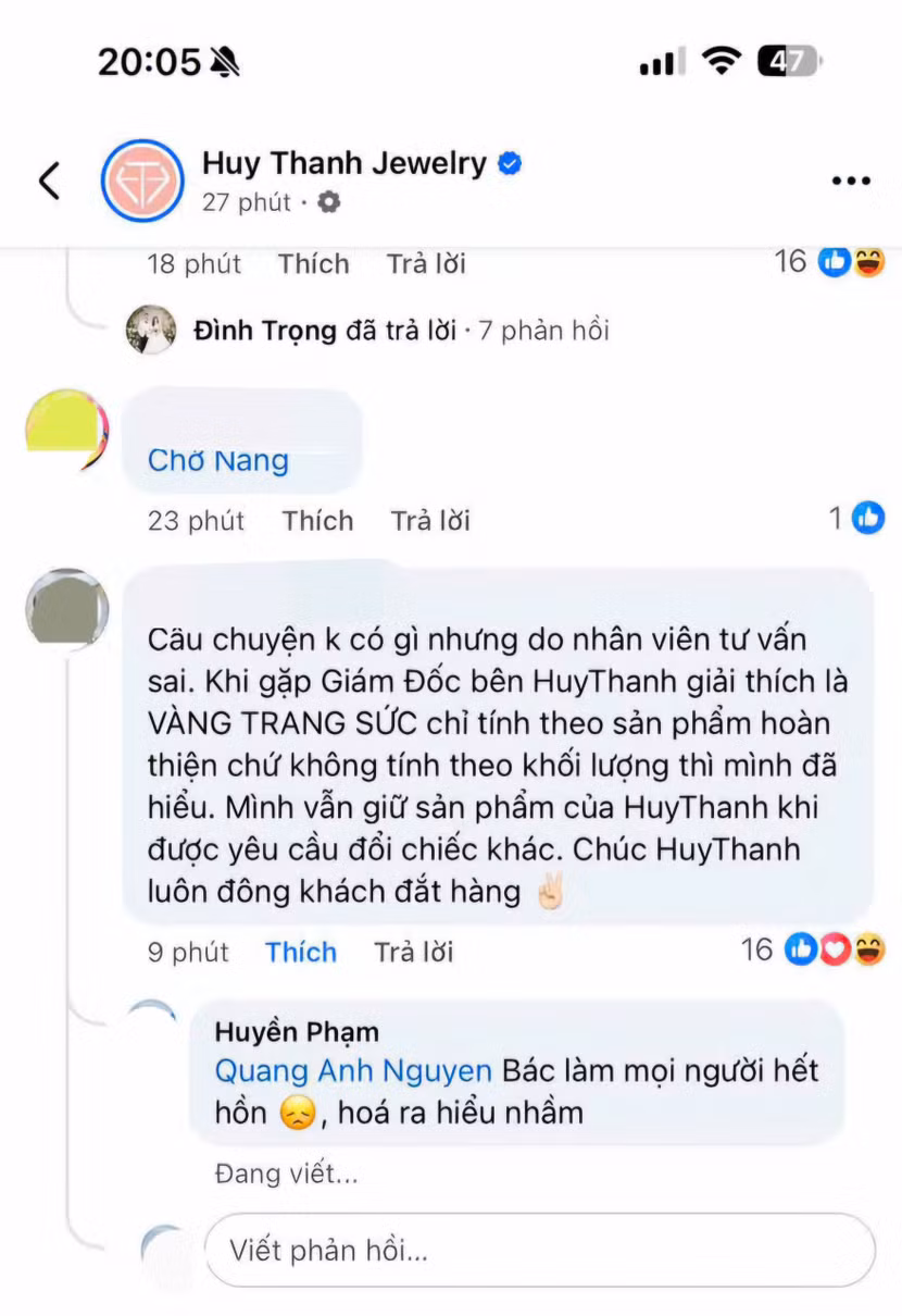 Khách hàng N.Q.A chia sẻ về sự hiểu lầm tại fanpage của Huy Thanh Jewelry