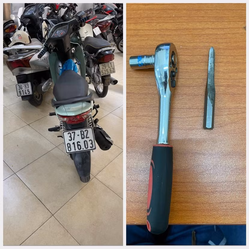 Chiếc xe máy là tang vật vụ trộm cắp và tay công, đầu vam phá khóa mà đối tượng H giấu trong người.