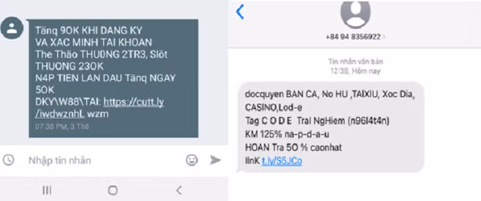Tin nhắn dụ dỗ chơi cờ bạc trực tuyến gửi đến thuê bao di động của người dùng