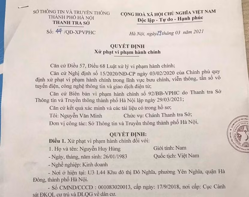 Quyết định xử phạt vi phạm hành chính đối với cá nhân đăng tin sai sự thật